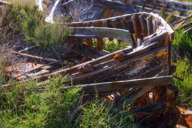 Çimlerle kaplı karada harap olmuş bir teknenin enkazı.