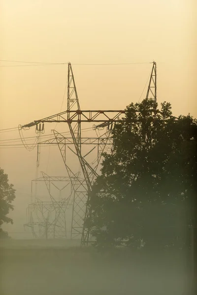 High electrical lines with fog at sunrise