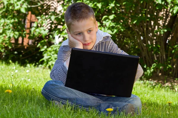 Portrait Young Boy Sitting Outdoors Laptop Stock Picture