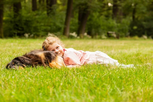 Menina Bonita Com Cão Parque — Fotografia de Stock