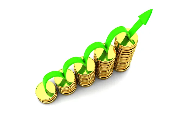 Geschäftsdiagramm mit Pfeil und Münzen für Gewinne und Gewinne — Stockfoto