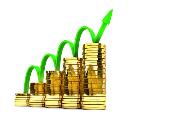 Grafico delle imprese con frecce e monete per profitti e guadagni — Foto Stock