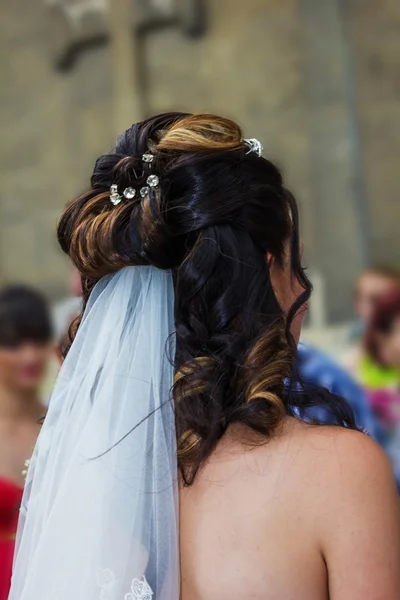 后方的看法的一个卷曲的婚礼发型的新娘。美丽的婚礼发型后方的看法 — 图库照片