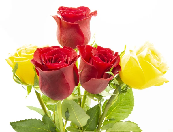 Strauß Roter Und Gelber Rosen Auf Weißem Hintergrund — Stockfoto