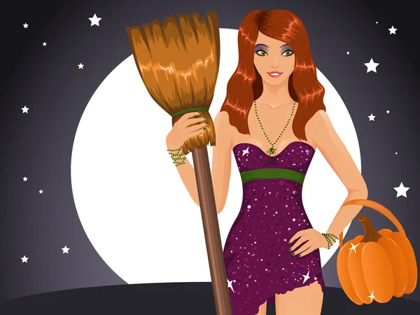 Sexy Halloween witch holding a broom and a pumpkin — Stock Vector