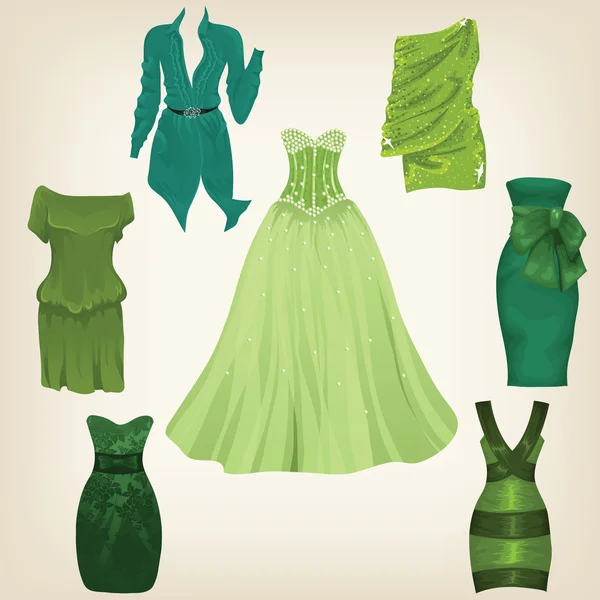 Set of beautiful green dresses — Stock Vector