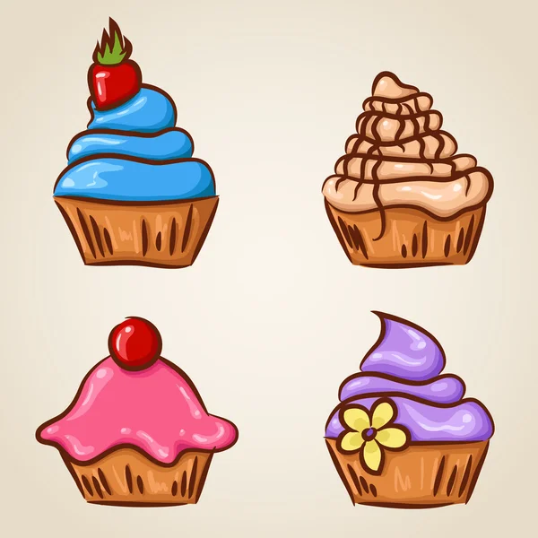 Conjunto de cuatro cupcakes lindos — Vector de stock