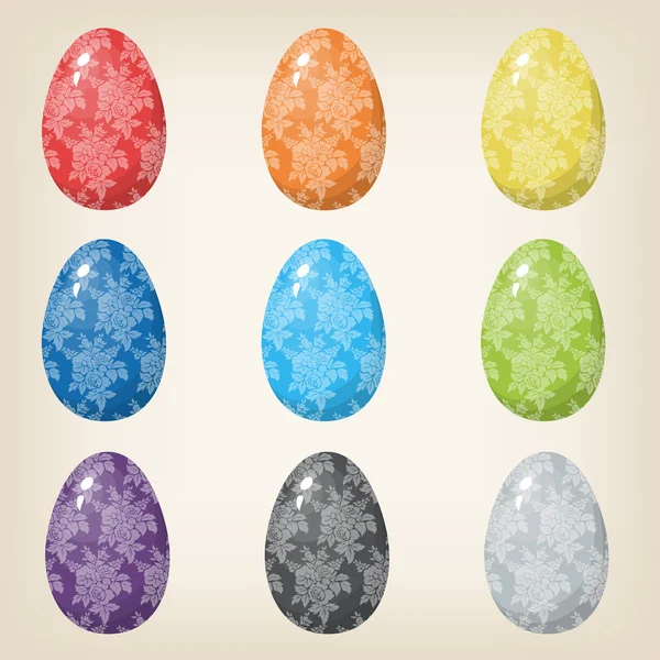 Set de nueve Huevos de Pascua con diseño floral — Vector de stock