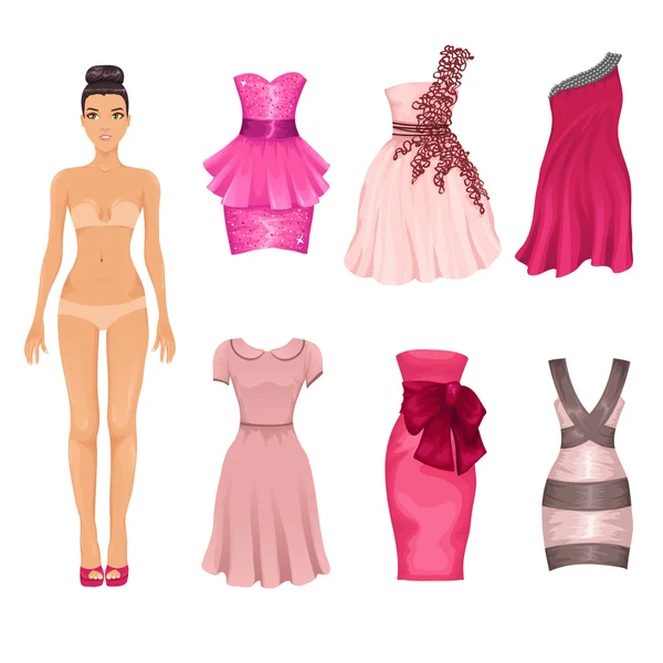 Boneca Vector vestir-se com vestidos rosa — Vetor de Stock