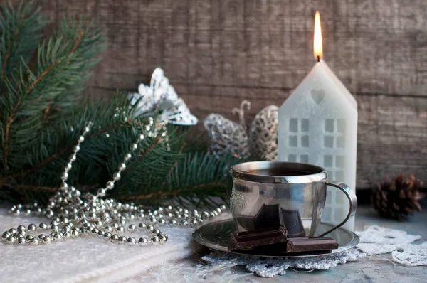 Silver Cup Coffee Espresso Chocolate Candle Fir Knitted Snowflakes Blue — Stock Photo, Image