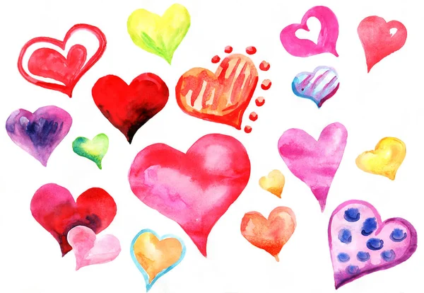 Hearts of different colors and different shapes painted in watercolor on white paper
