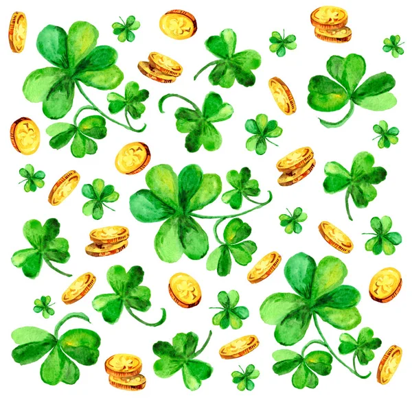 Pattern Green Clover Golden Coins Painted Watercolor White Paper — Stock Photo, Image
