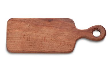 Mutfak tahtası beyaz arka planda. Boş mutfak tahtası. Üst görünüm