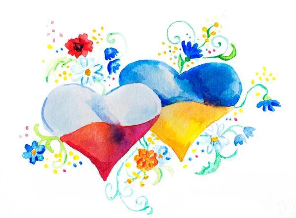 Two Hearts Ukrainian Polish Flags Flowers Painted Watercolor Yellow Blue — Foto Stock
