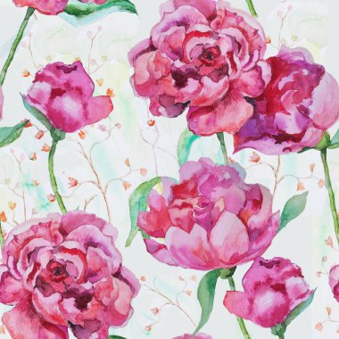 Pembe ve kırmızı şakayıkların kusursuz deseni. Suluboya ile boyanmış şakayıklar