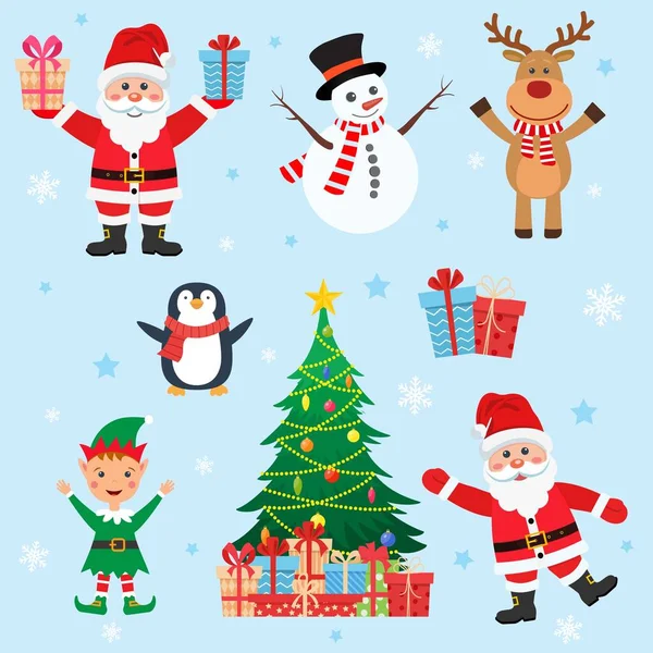 Zestaw świąteczny Czerwony Santa Rudolf Snowman Tree — Wektor stockowy