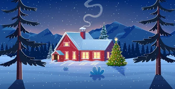 Inverno neve paisagem e casa —  Vetores de Stock