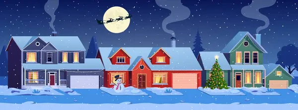 Casas residenciales con decoración navideña — Vector de stock
