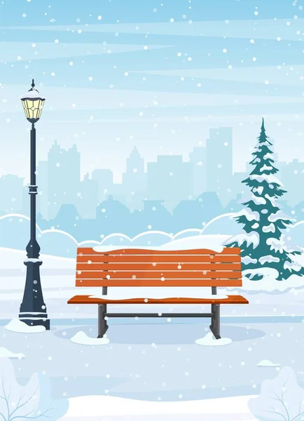 Winter city park with wooden bench, — Stock Vector