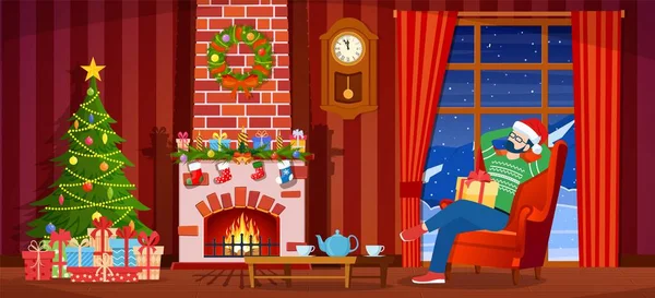 Kerst interieur van de woonkamer — Stockvector