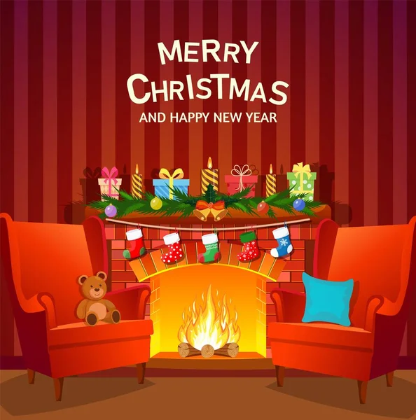 Boże Narodzenie wnętrze z kominkiem — Wektor stockowy