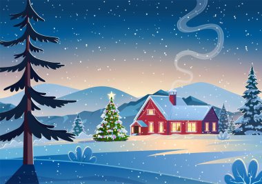 Geceleri karlı bir Noel manzarasında bir ev.