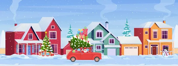 Diseño de tarjeta de Navidad de coche con árbol en la parte superior — Vector de stock
