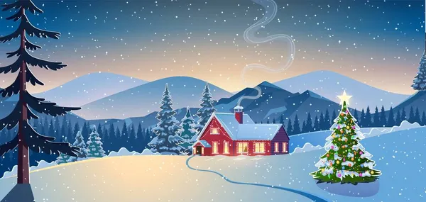 Ein Haus in einer verschneiten Weihnachtslandschaft in der Nacht. — Stockvektor