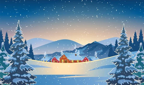 Uma casa em uma paisagem de Natal nevada à noite. — Vetor de Stock