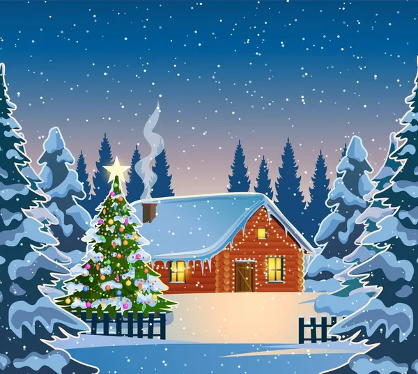 Una casa en un paisaje navideño nevado por la noche. — Vector de stock