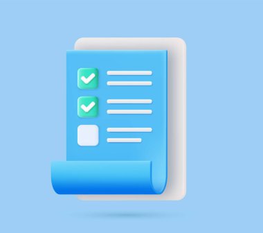 3d pano kağıdındaki kontrol listesi. Kontrol işaretleri ve çizgili soyut sorularla test formunda belge. Notlu bir anket. Pano ve işaretleri kontrol et. vektör illüstrasyonu.