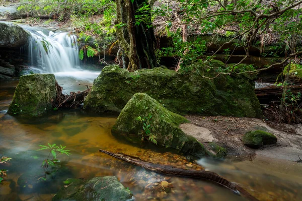 Kaskadierender Bach Durch Moosbewachsene Felsen — Stockfoto