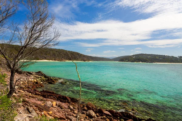 壮大なビーチには ガムの木 白い砂 赤いオコール岩が並んで きれいな自然のままの水があります オーストラリア — ストック写真