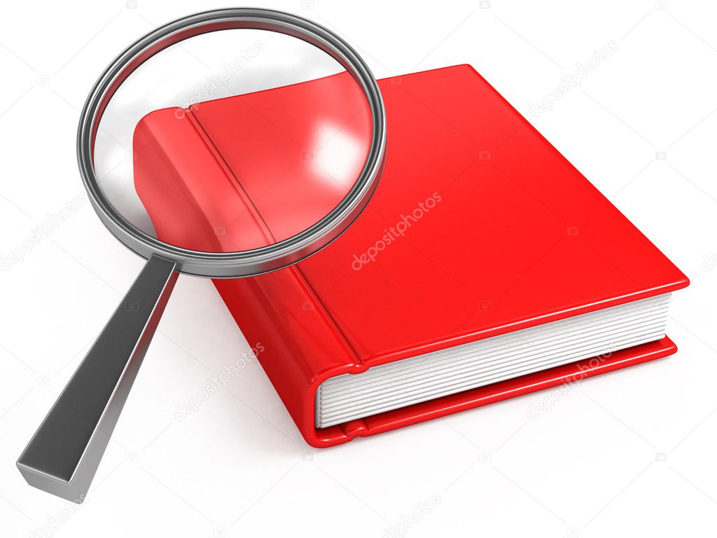Classic magnifier and red book on white
