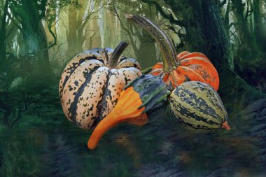 Balkabağı, sonbahar yaprakları, balkabakları, sonbahar, bitkiler, arka plan.