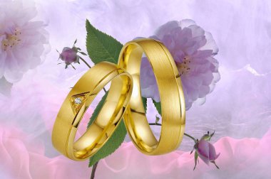 Pembe arka planda altın alyanslar ve çiçekler. 3d oluşturma