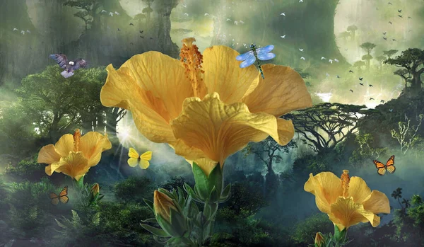 Yellow Irises Green Background Beautiful Bright Sunny Summer Day — Zdjęcie stockowe