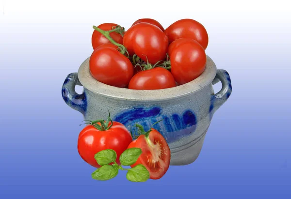 Red Tomatoes Glass Bowl White Background Top View — Zdjęcie stockowe