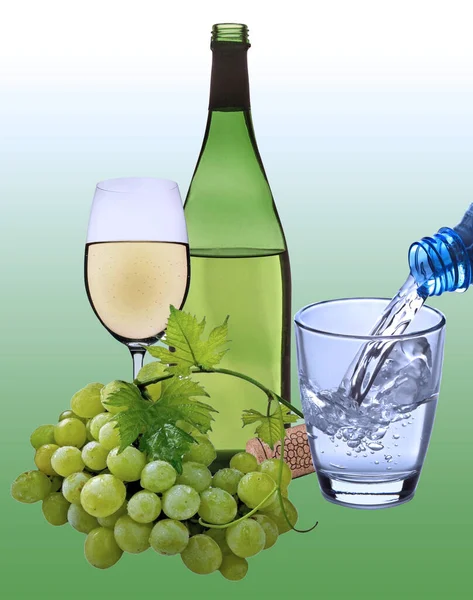 Wine Bottle Grapes White Background Place Text — Stock Photo, Image
