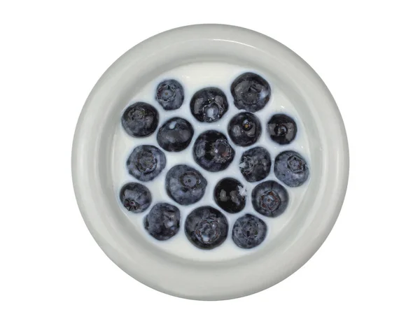 Top View Bowl Fresh Blueberries Plate White Background — Zdjęcie stockowe