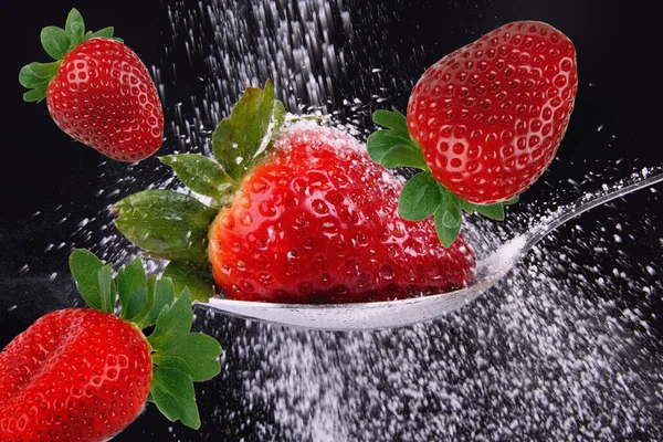 Strawberry Wooden Table Strawberries Black Stone Background Top View — Zdjęcie stockowe