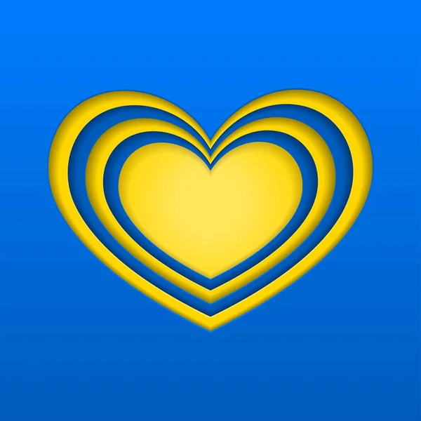 Fondo corazón de papel cortado azul y amarillo — Vector de stock