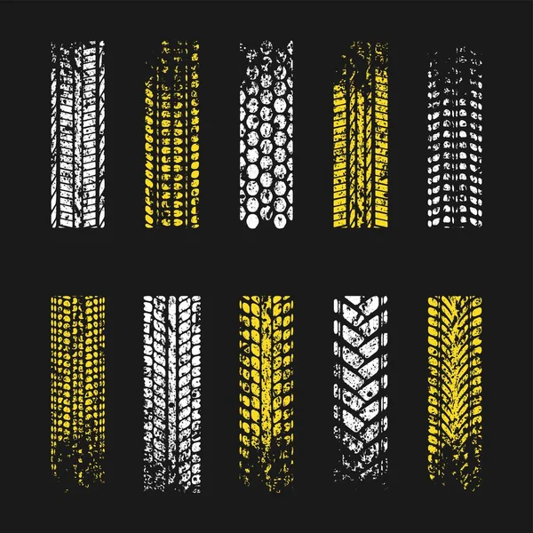 Tire tracks grunge color silhouettes — Vector de stock