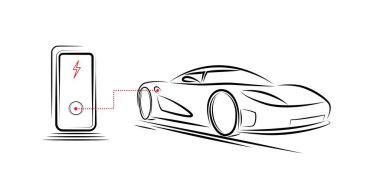 Abstract outline custom made electric sportcar bright lines silhouette with charge station
