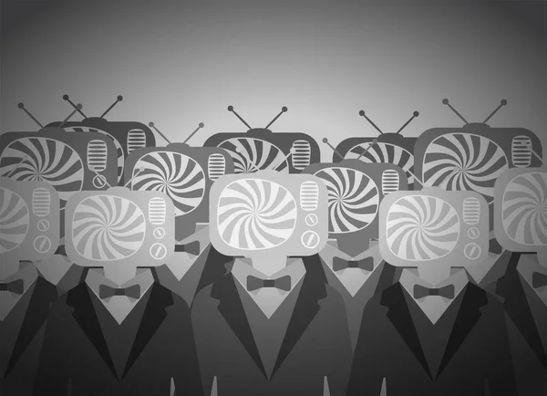 Men crowd in suits with TV hypnotic head — Stok Vektör