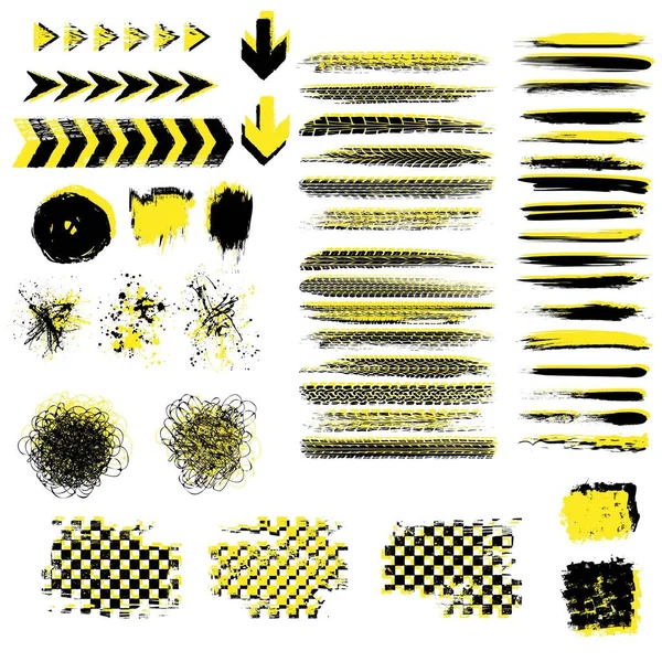 Grunge pneumatiky černé a žluté prvky nastaveny — Stockový vektor