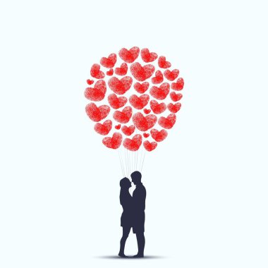 Soyut balon silueti, kalp şeklinde parmak izleri ve sevimli bir çift. Düğün davetiyesi ya da aşk posteri