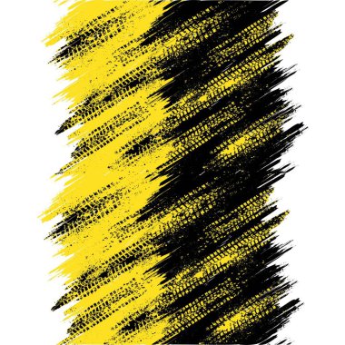 Grunge siyah çizgileri ve lastik izleri olan soyut siyah ve sarı arkaplan