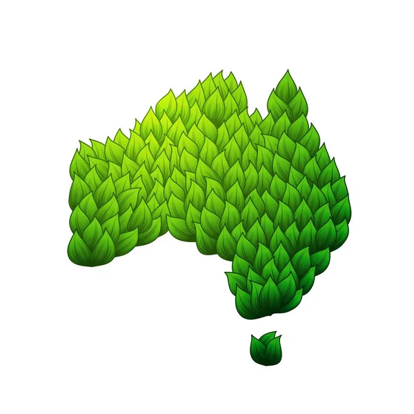 Ausztrál Kontinens Sziluett Elszigetelt Fehér Alapon Zöld Levelek — Stock Vector