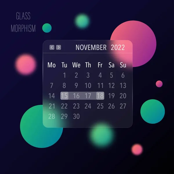 Dark Background Circles Blur Forms Glass Screen Glassmorphism Calendar Sample — Stock Vector